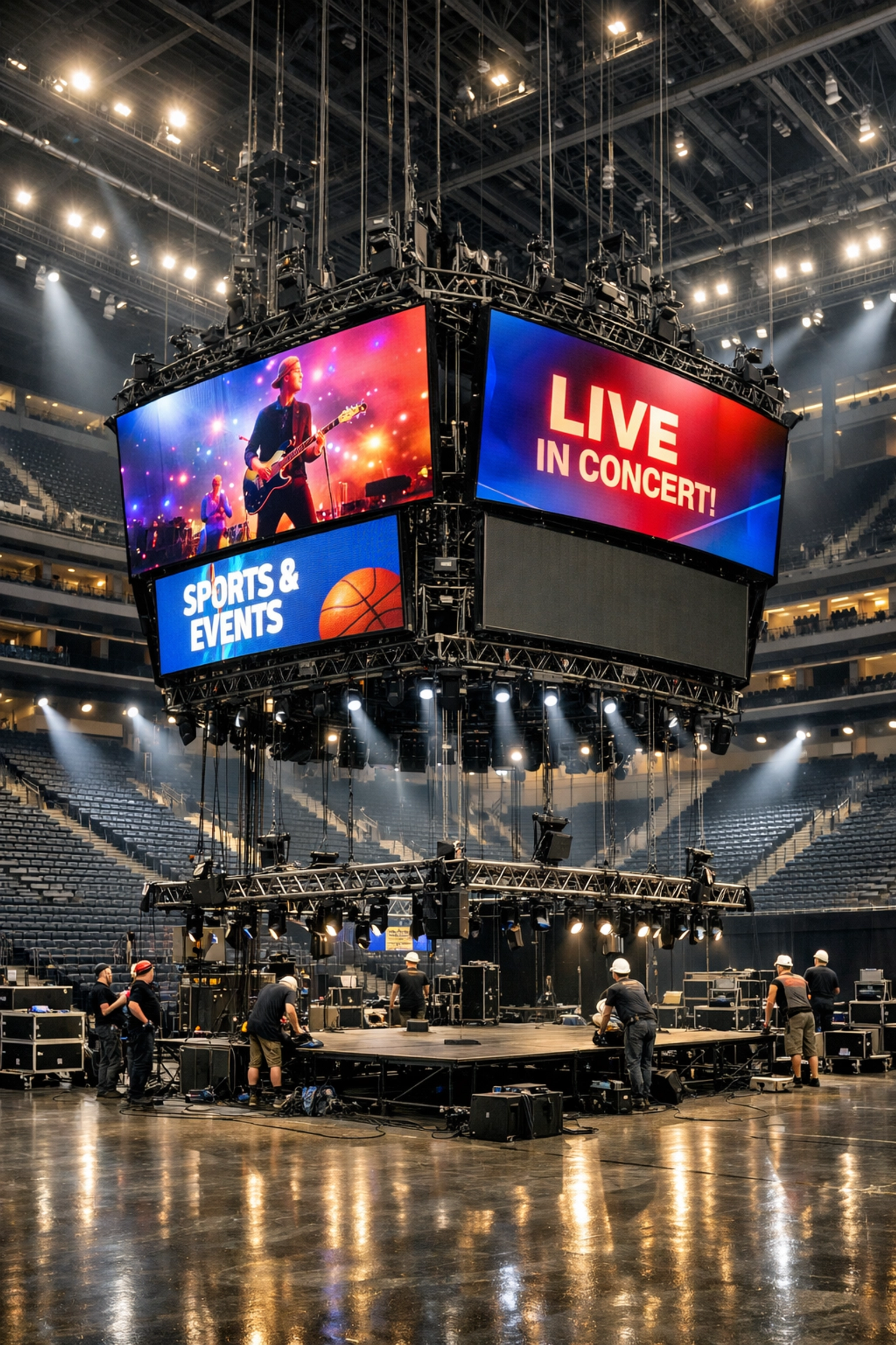 Modern multi-purpose arena showing agile venue design and high-tech LED screens for live entertainment.