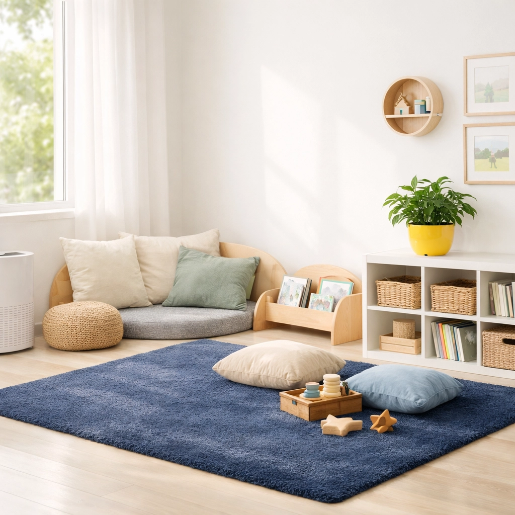Healthy daycare reading nook with non-toxic cleaning standards to improve indoor air quality for kids.