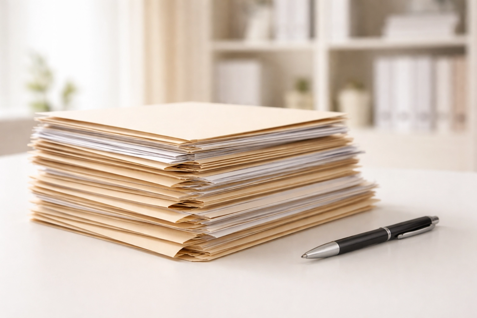 Stack of manila folders and documents on white desk, highlighting meticulous crypto tax record-keeping for 2026 audit readiness
