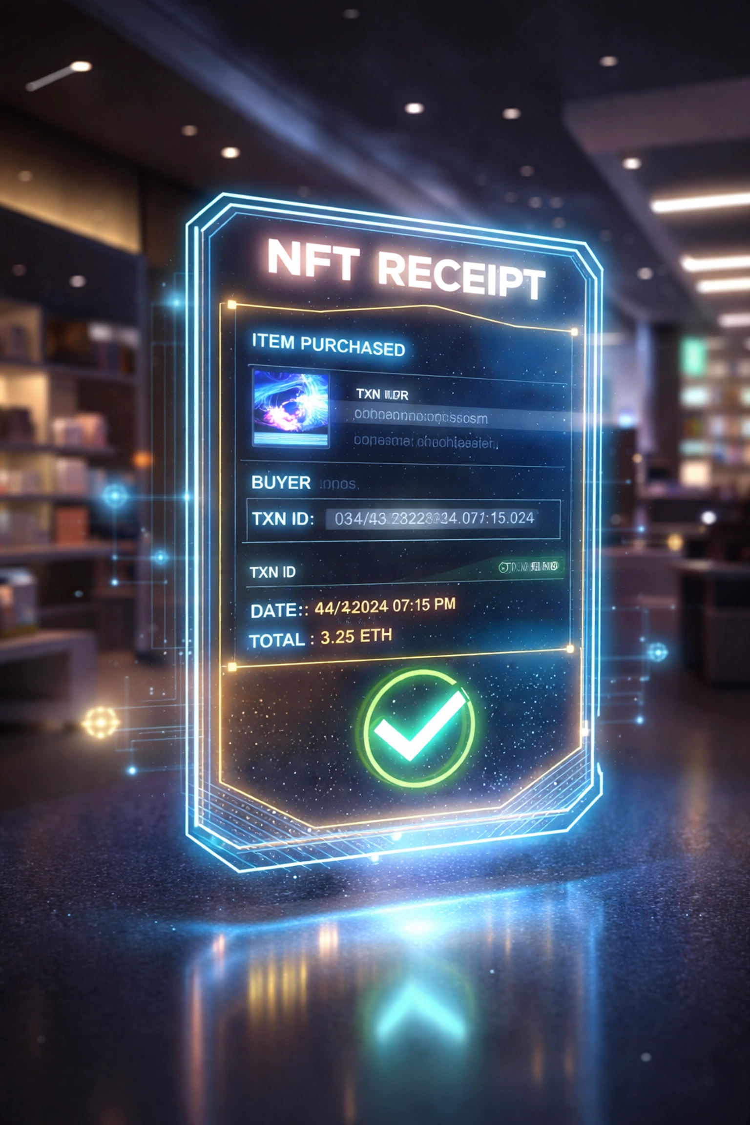 Digital NFT receipt representing secure blockchain transaction records in a modern retail crypto payments setting
