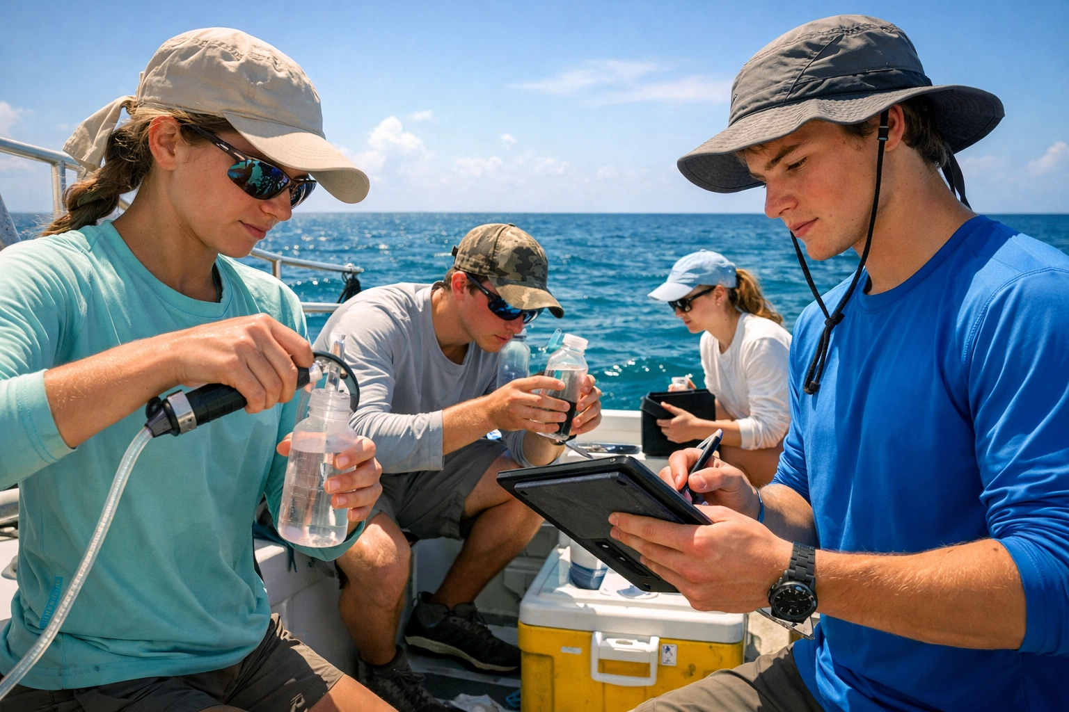 Students conducting marine biology fieldwork and water sampling on a Florida Keys research boat.