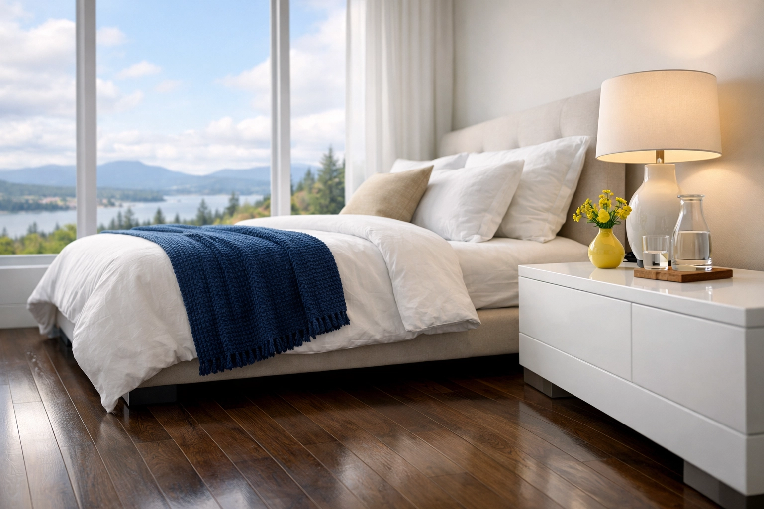 Allergen-free bedroom with polished wood floors after a ninja-level deep cleaning Bellingham home reset.