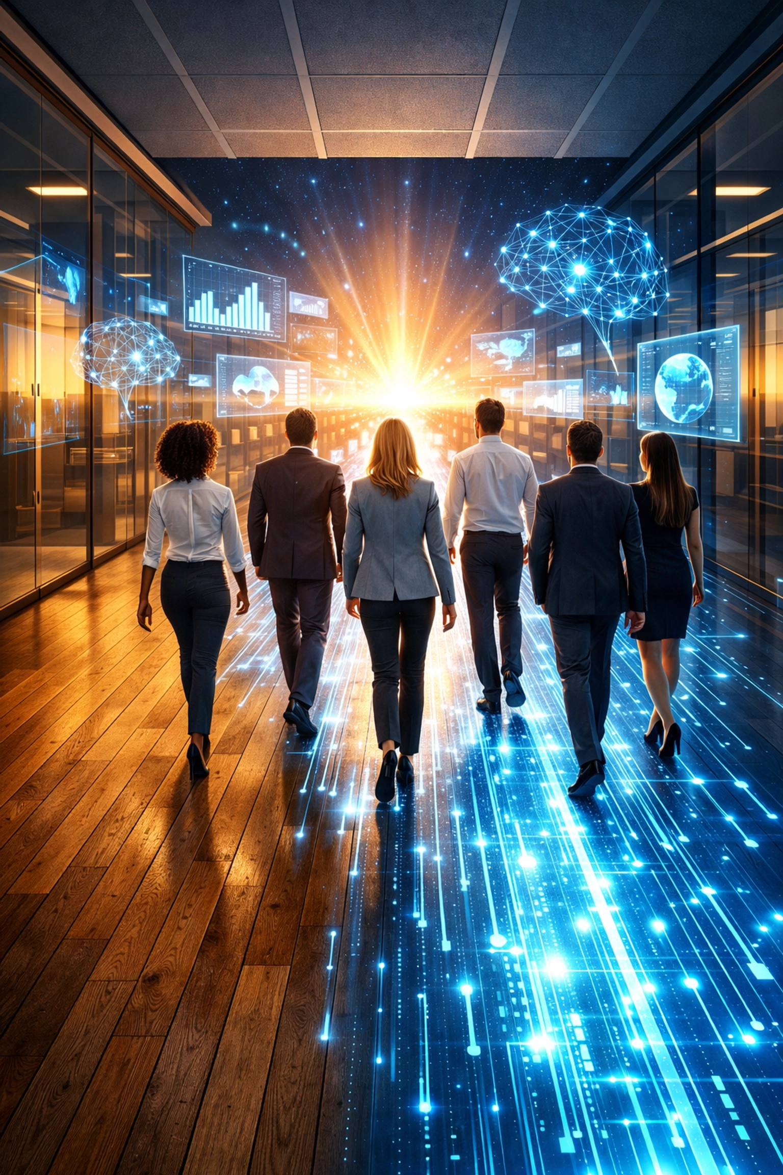 Mitarbeiter im Mittelstand bauen KI-Kompetenz auf und blicken in die digitale Zukunft.