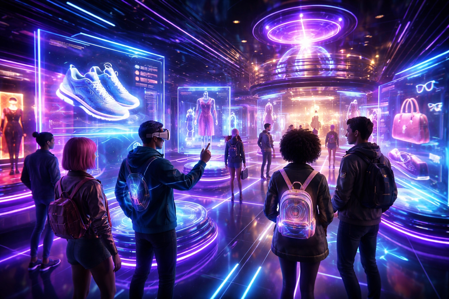 Shoppers' avatars exploring a neon-lit virtual showroom representing a social metaverse shopping experience with crypto payments.