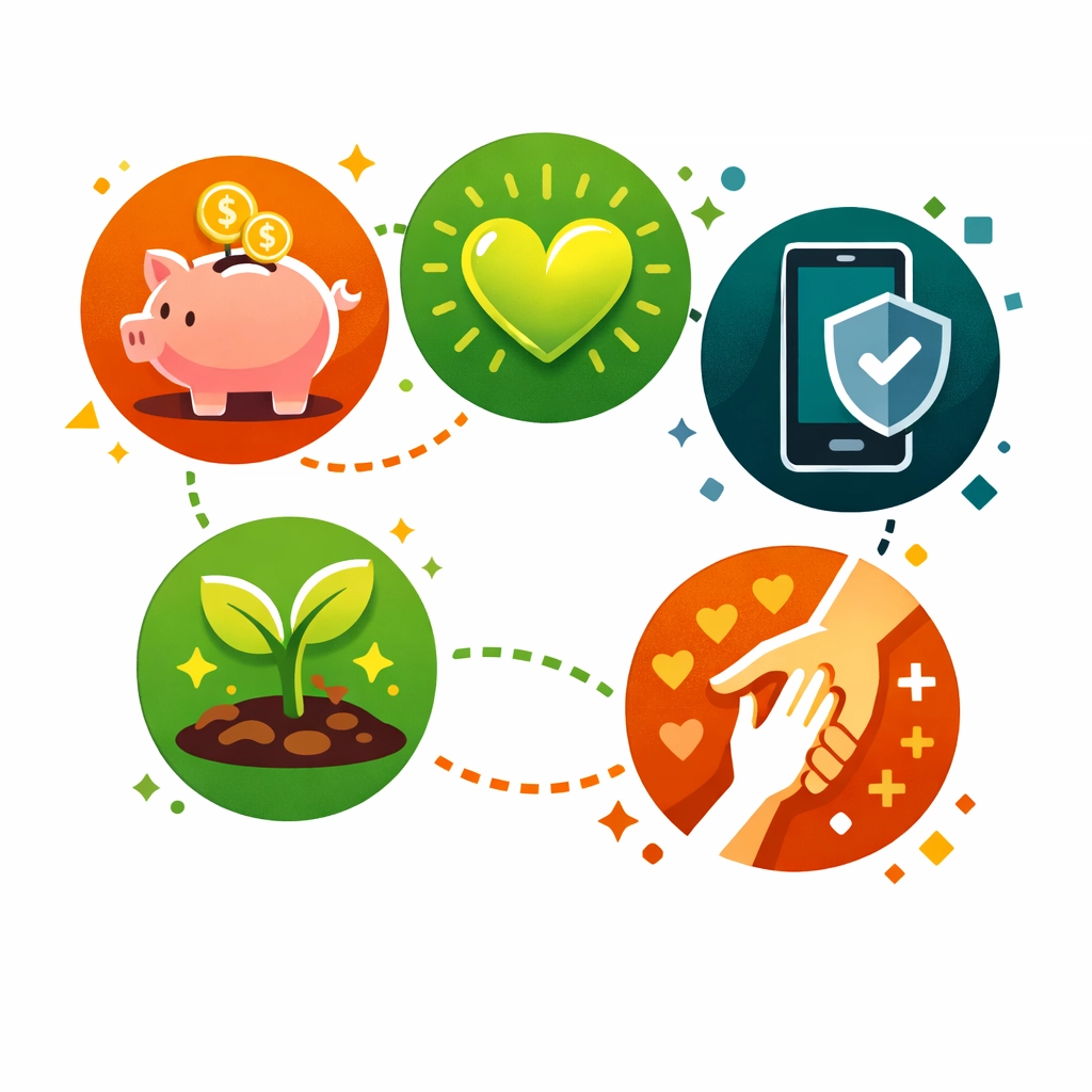 Five essential life skills icons: financial literacy, emotional intelligence, digital safety, and leadership