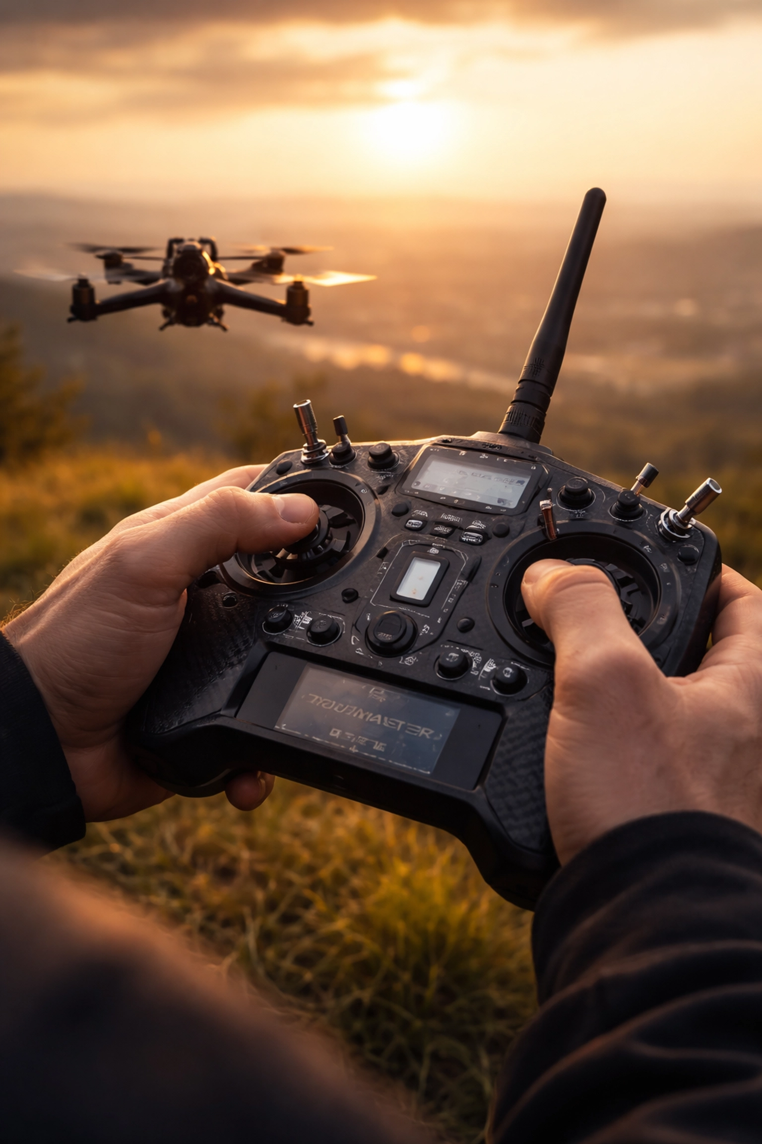 Professional FPV pilot controlling a drone at golden hour, illustrating link reliability in action.
