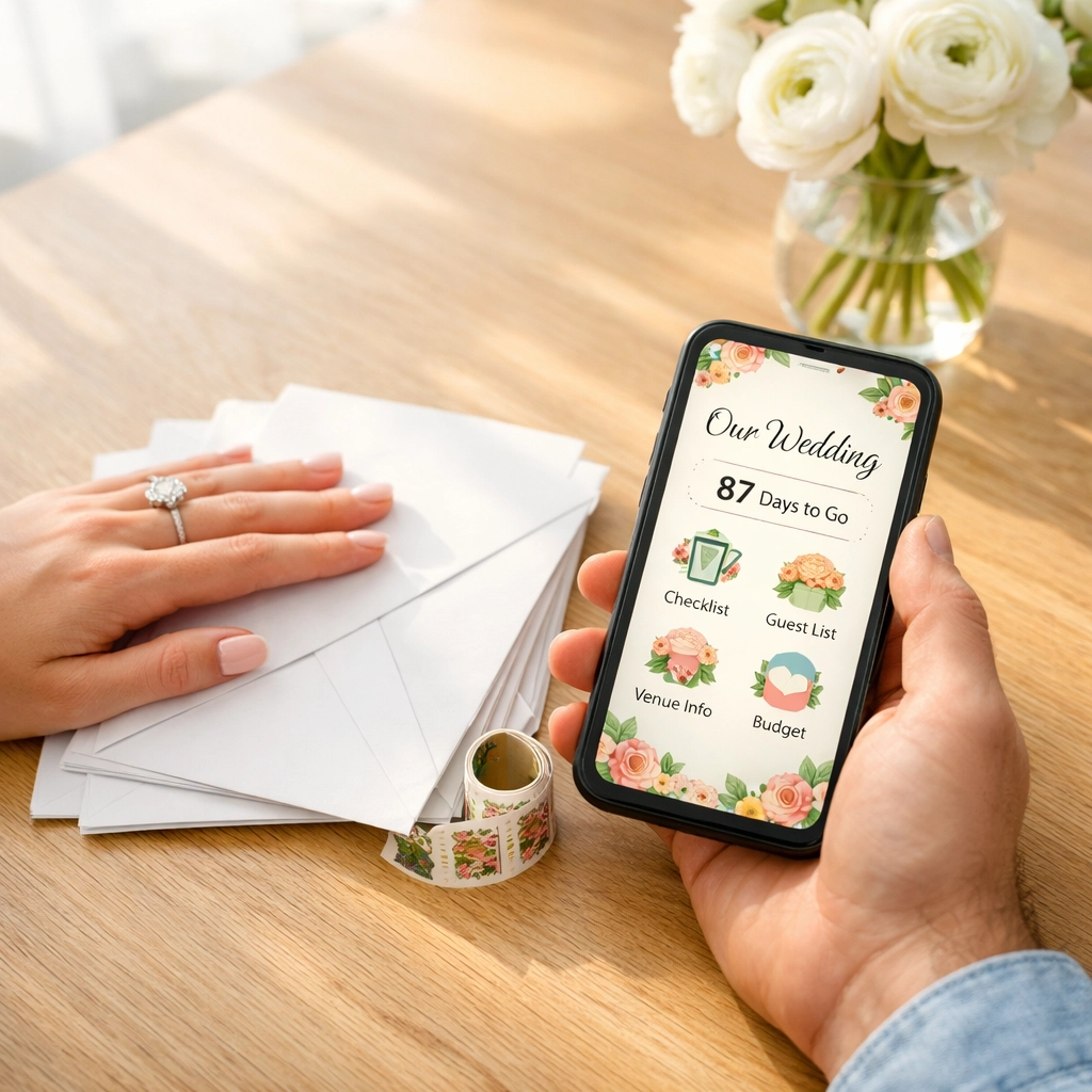 Engaged couple saving on wedding postage by using a smartphone for digital wedding invites.