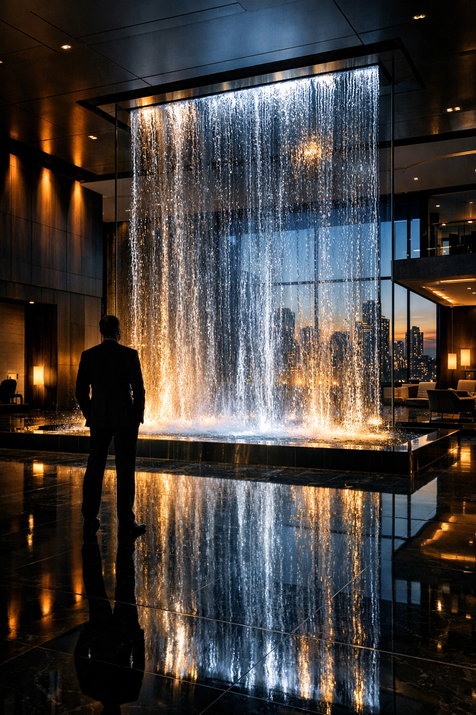 L2O Liquid glass waterfall in luxury corporate lobby creating dynamic brand experience