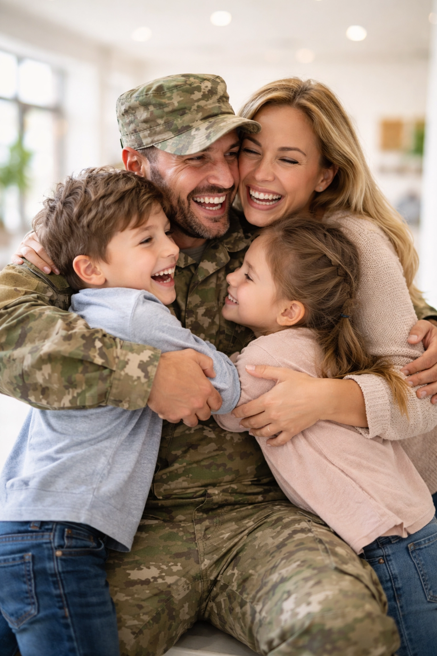 Veteran embracing spouse and children in a welcoming community space, illustrating support for veterans’ families.