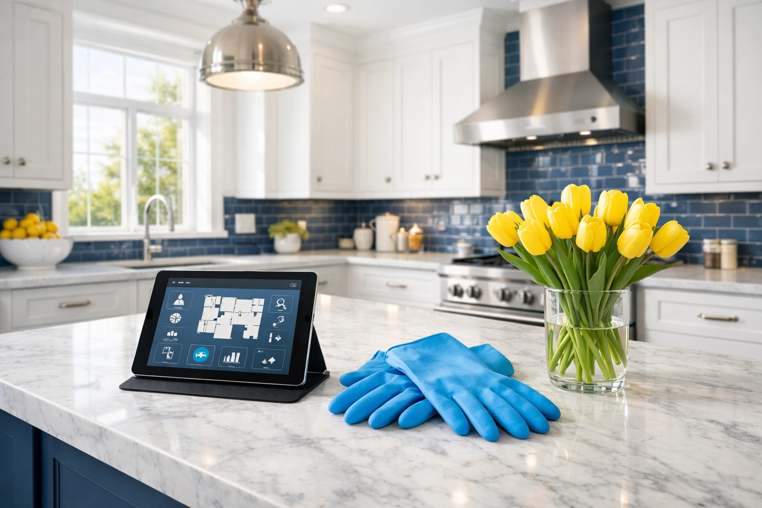 High-end Boston kitchen with marble counters and cleaning supplies for a strategic move-out clean.