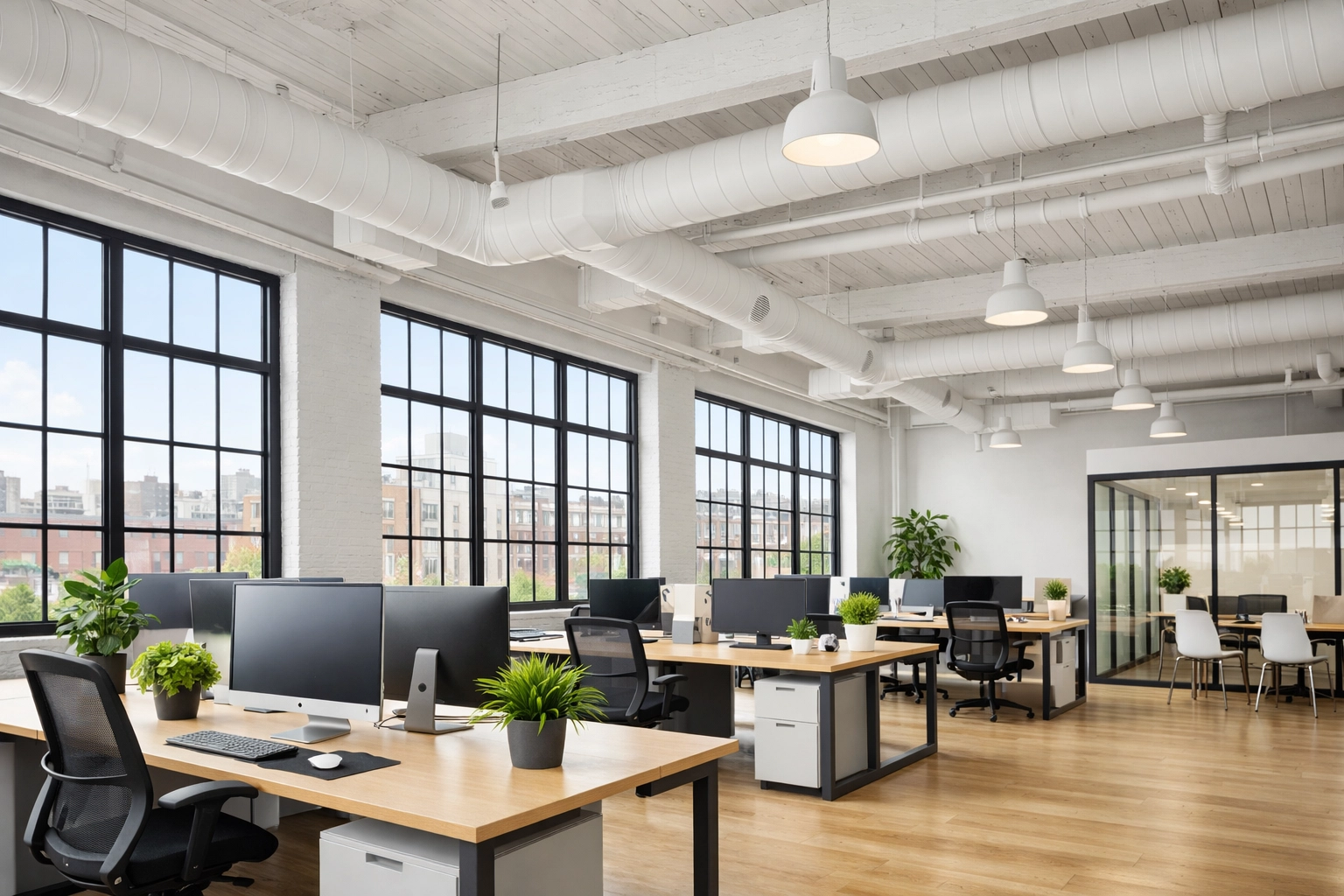 Modern open-office interior with clean high ceilings and dust-free vents for improved air quality in Detroit.