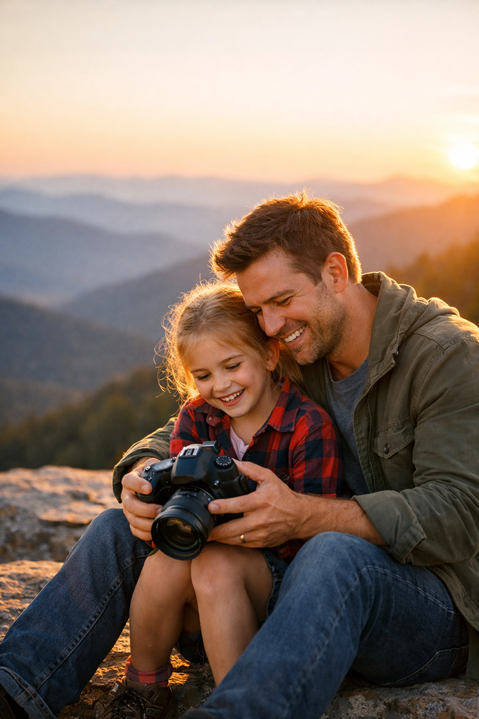 A father and daughter reviewing travel photos on a camera at a scenic mountain overlook during sunset.
