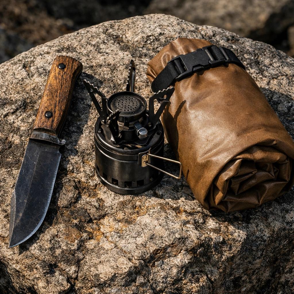 Survival gear bundle featuring a fixed-blade knife and tactical stove for wholesale dealers.
