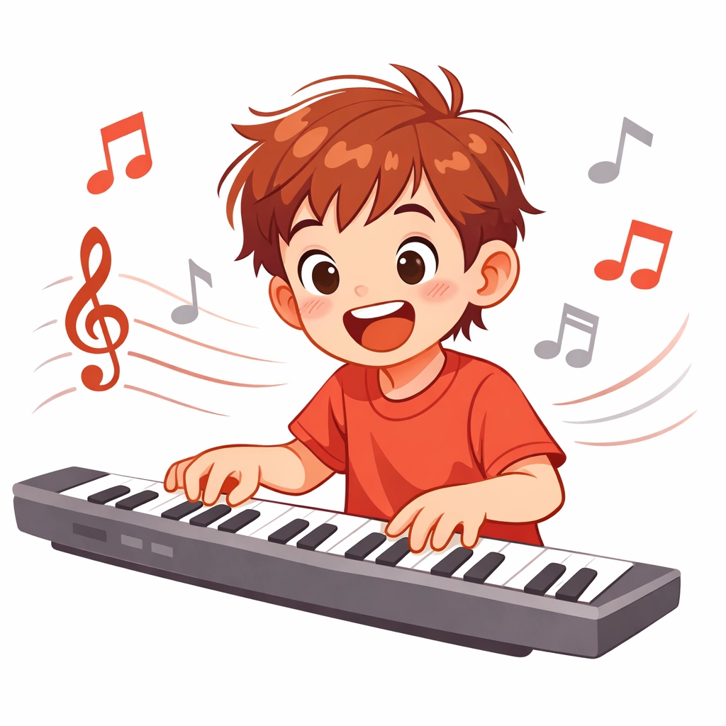 Excited child enjoying piano lessons for kids with modern pop songs
