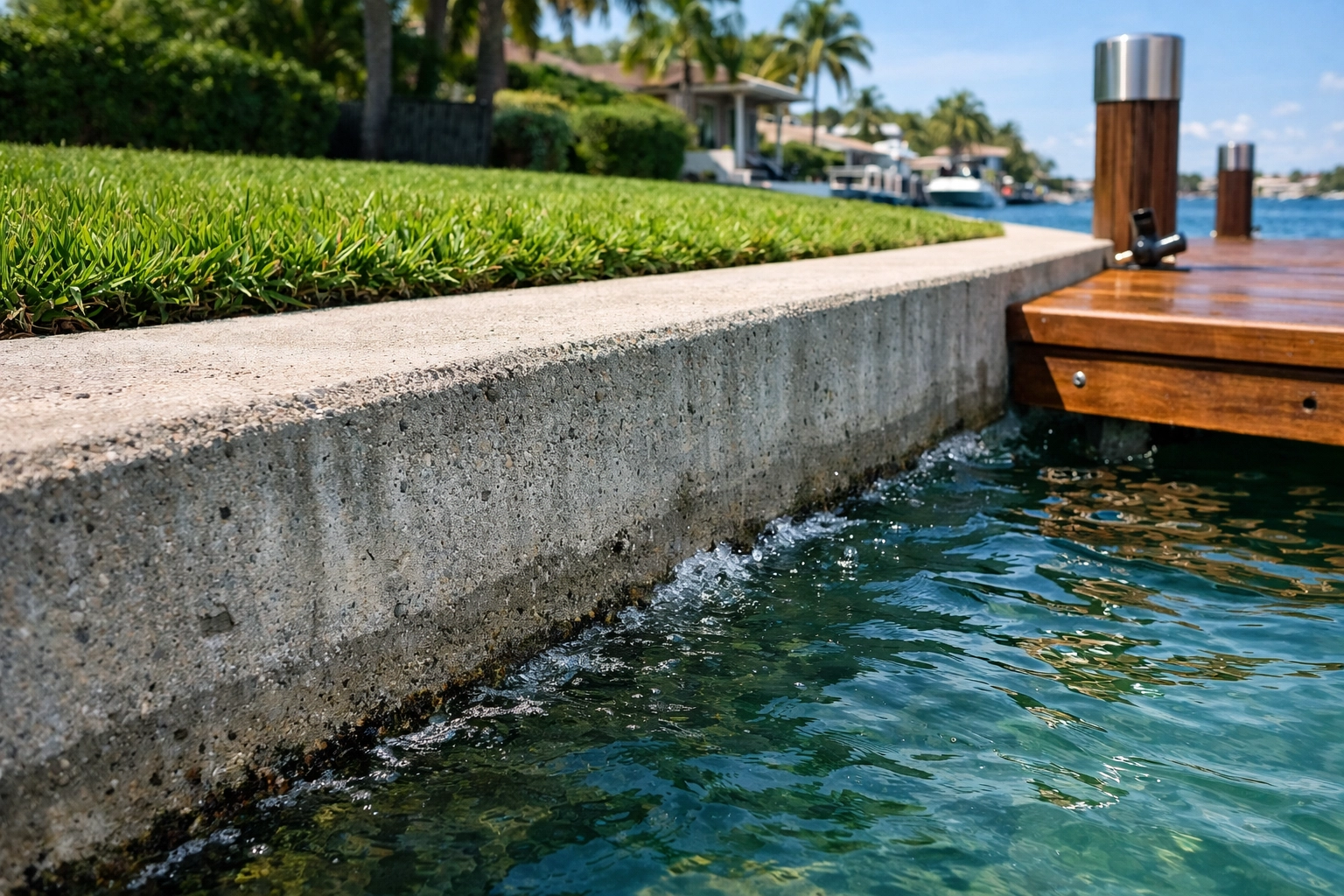 A sturdy concrete seawall and green lawn bordering a turquoise canal at a SWFL waterfront property.