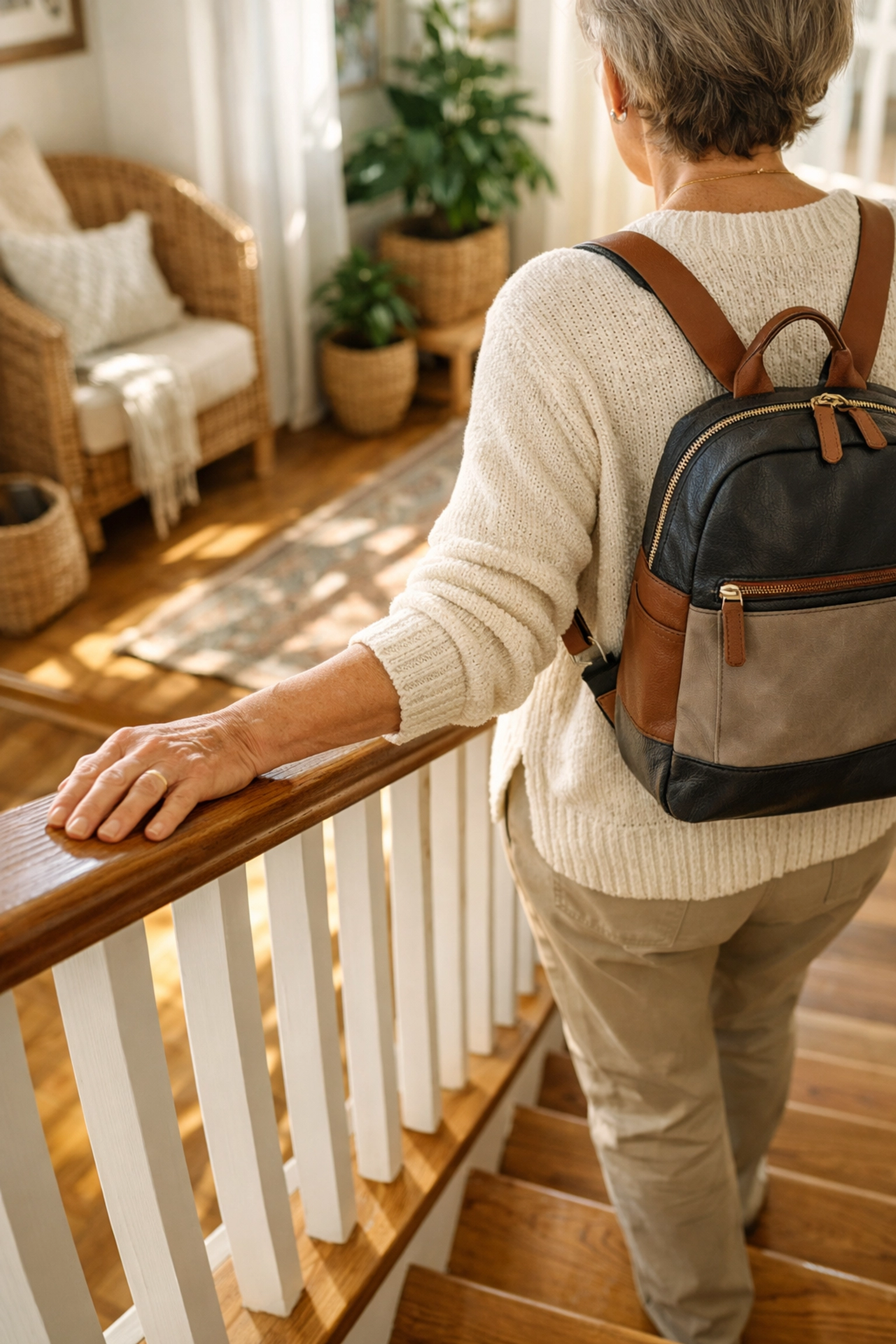 Person safely navigating stairs using a handrail while keeping hands free with a backpack for fall prevention.