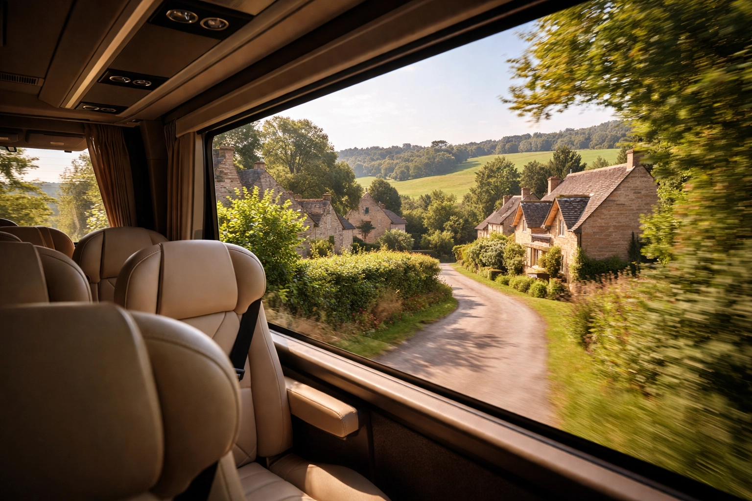 View from inside a small-group minibus through the Cotswolds, featuring countryside and stone cottages