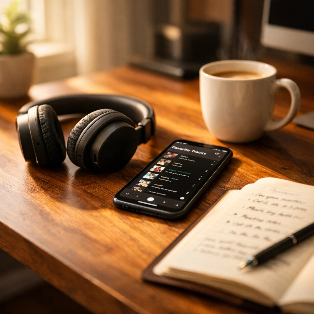 Real estate agent workspace with music playlist and headphones in Chicago north suburbs office