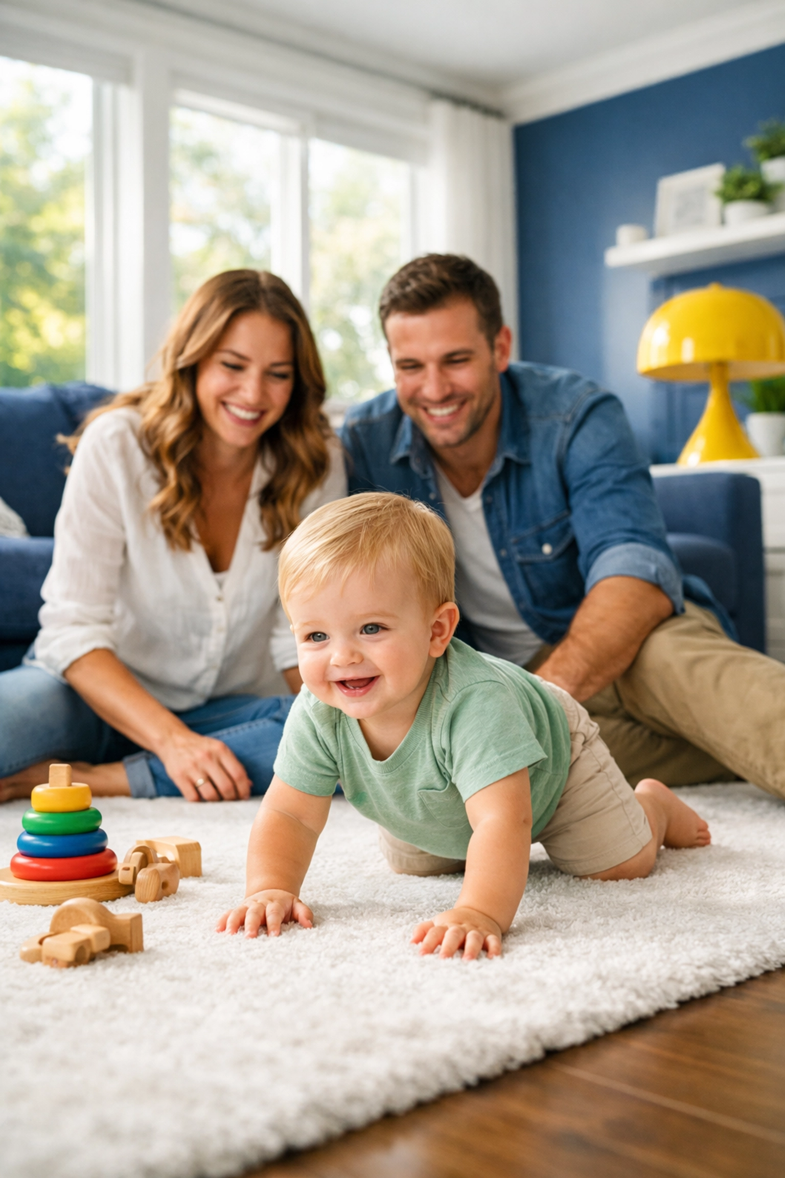 Toddler playing on a clean rug in a safe home after green cleaning services Lowell MA.