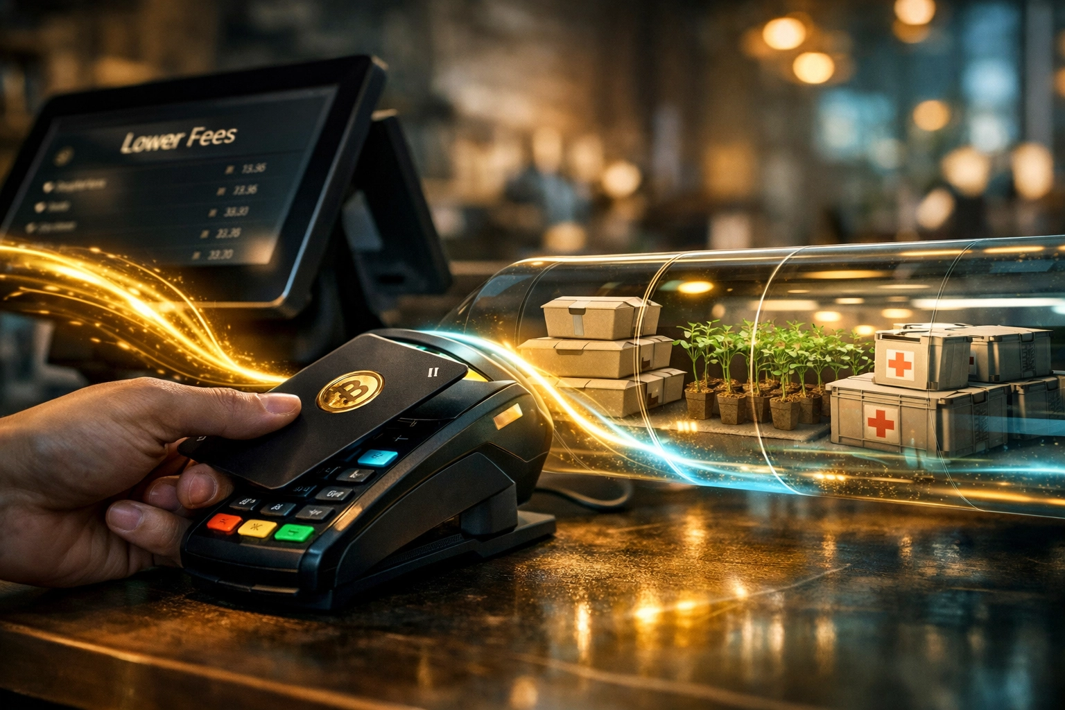 Web3 payment terminal at a cafe showing how transaction fees fund social impact projects like meals and trees.