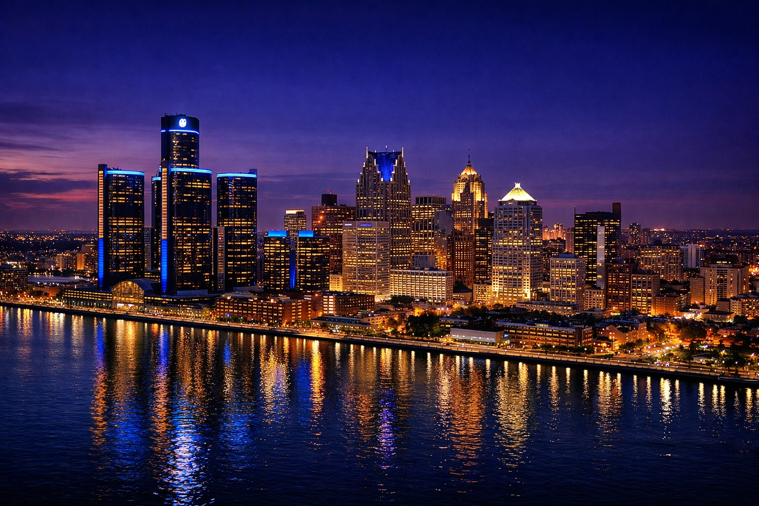 Illuminated Detroit skyline and Renaissance Center reflected on the riverfront at dusk.
