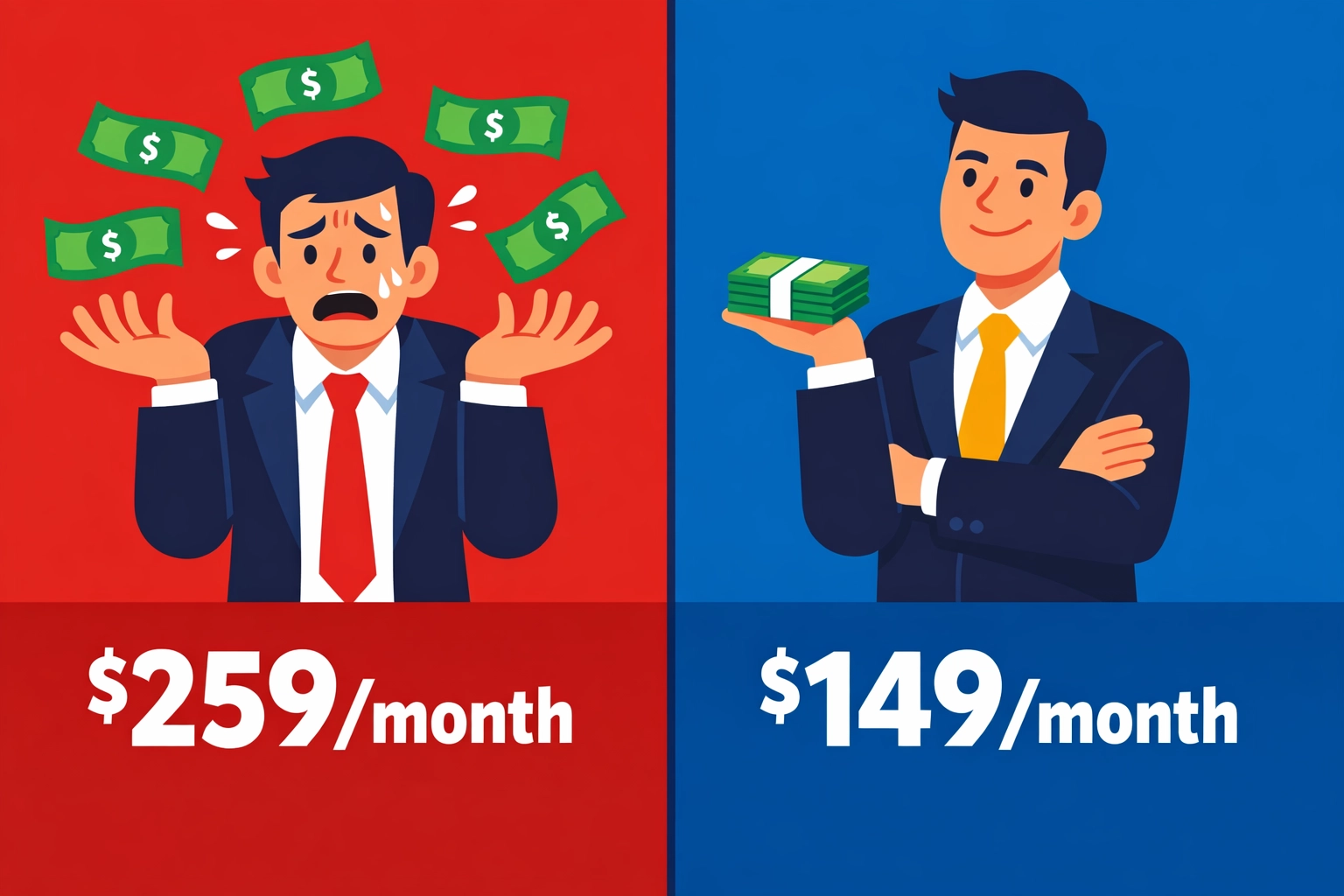 Cost comparison showing $259/month dual software vs $149/month unified platform savings