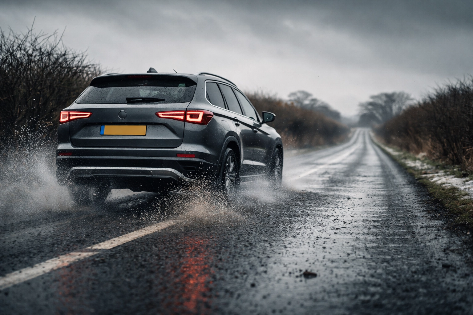 SUV driving on a wet, salted British country road in winter, illustrating how road salt accelerates car rust.