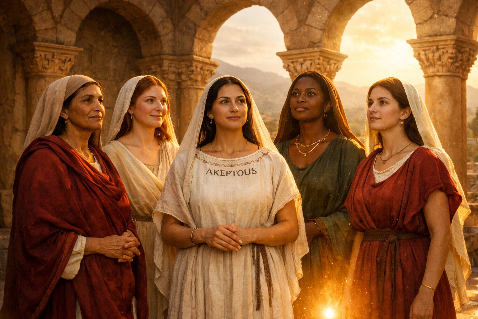 Depiction of Akeptous and the five women of Megiddo memorialized in the early Christian mosaic.