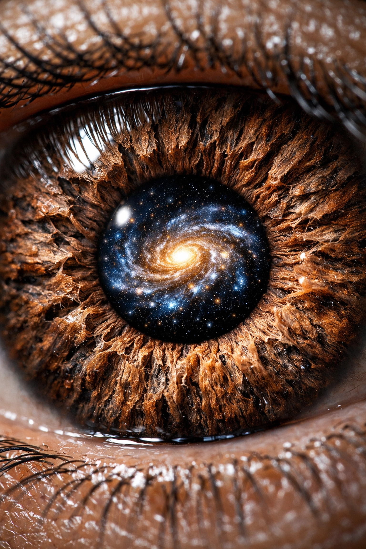 Macro human eye iris with a galaxy reflection symbolizing deep biological healing.