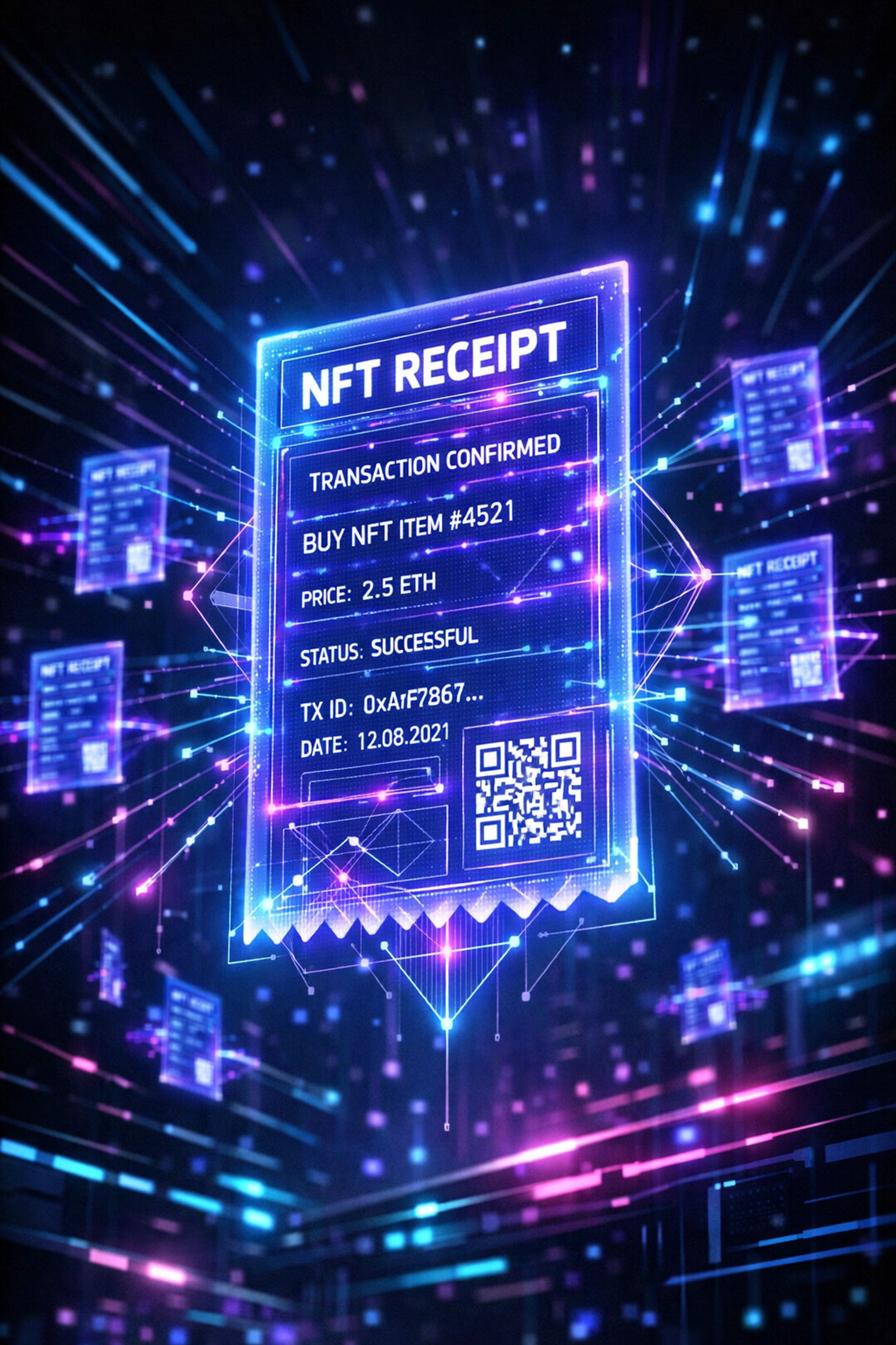NFT receipt with blockchain connections representing Larecoin's immutable transaction proof system