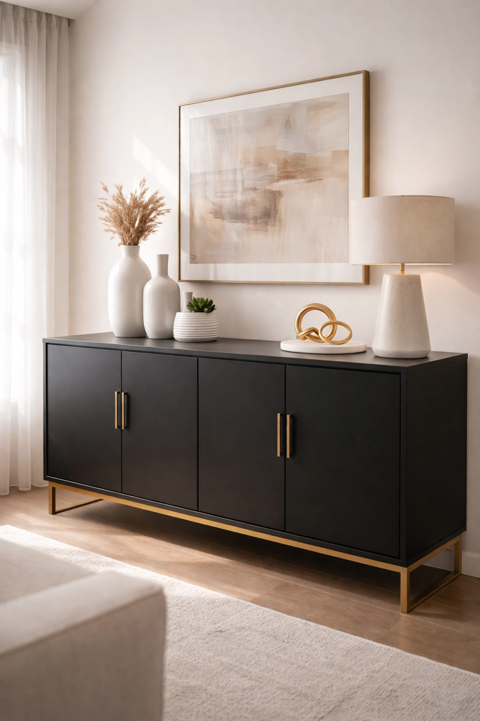 Luxury black sideboard with brass hardware and white ceramics in a modern living room