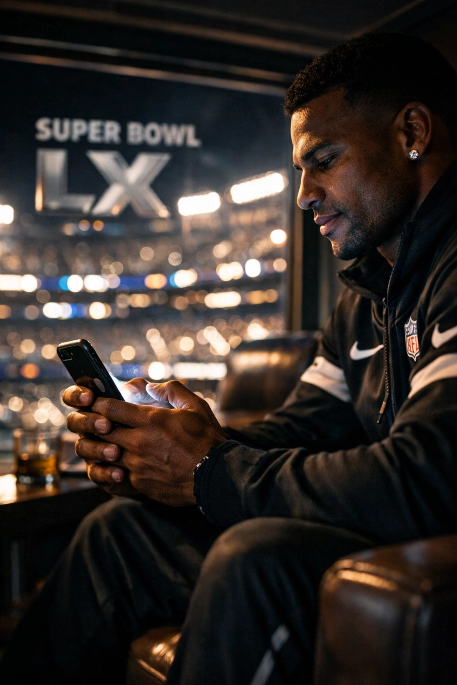 Professional athlete using a smartphone for NIL social media engagement during Super Bowl 2026 marketing events.