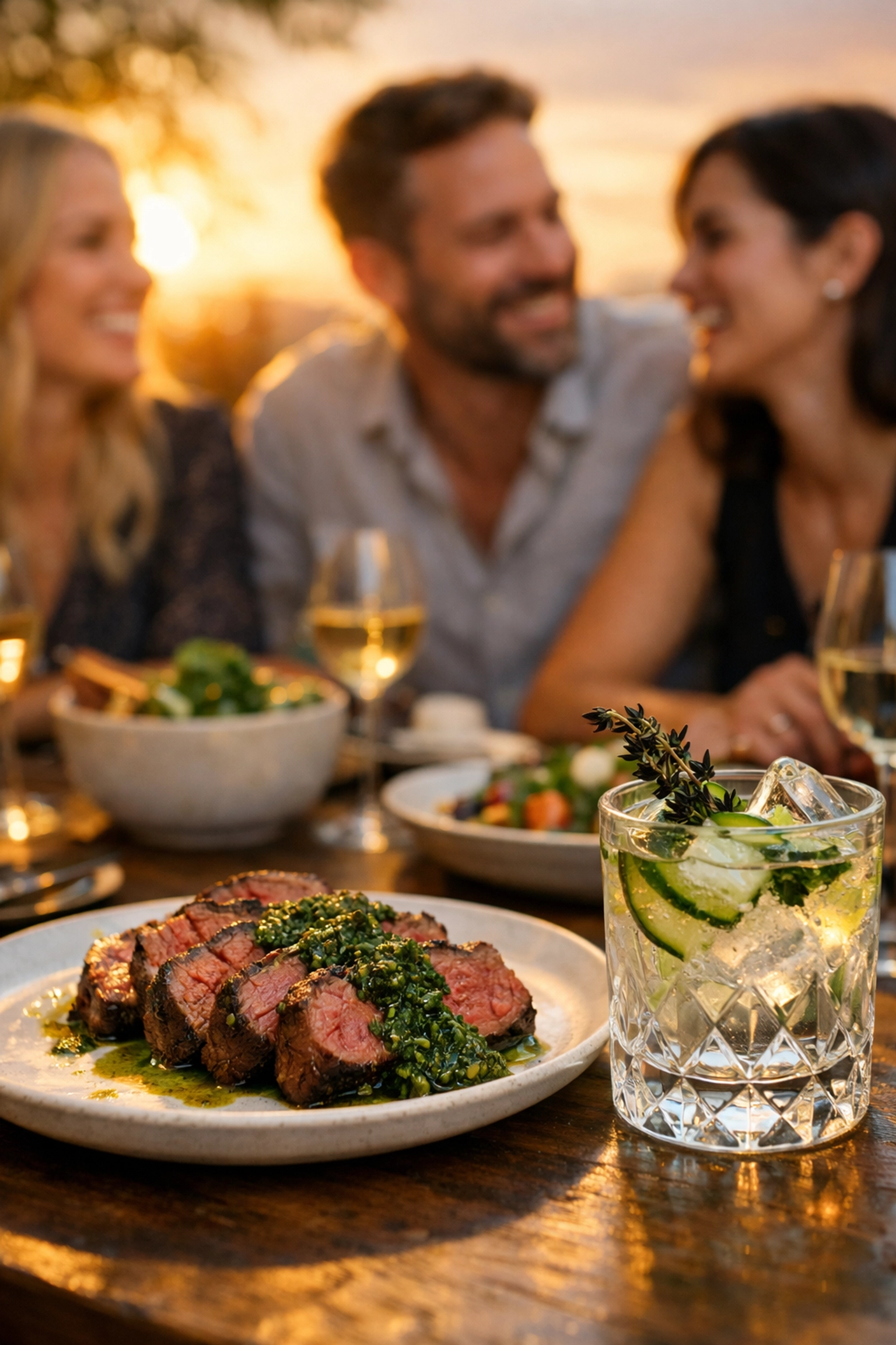 Guests enjoying a luxury cannabis dining experience with infused Wagyu beef and botanical mocktails.