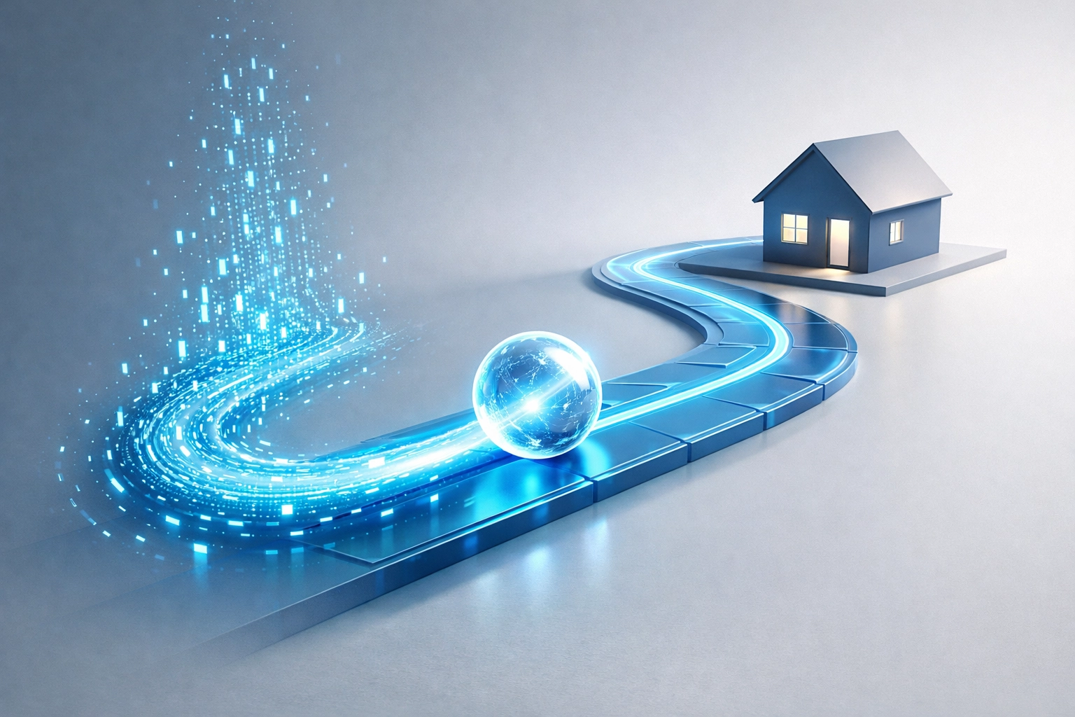 Digital data pathway leading to a house, illustrating autonomous engagement for real estate agents.