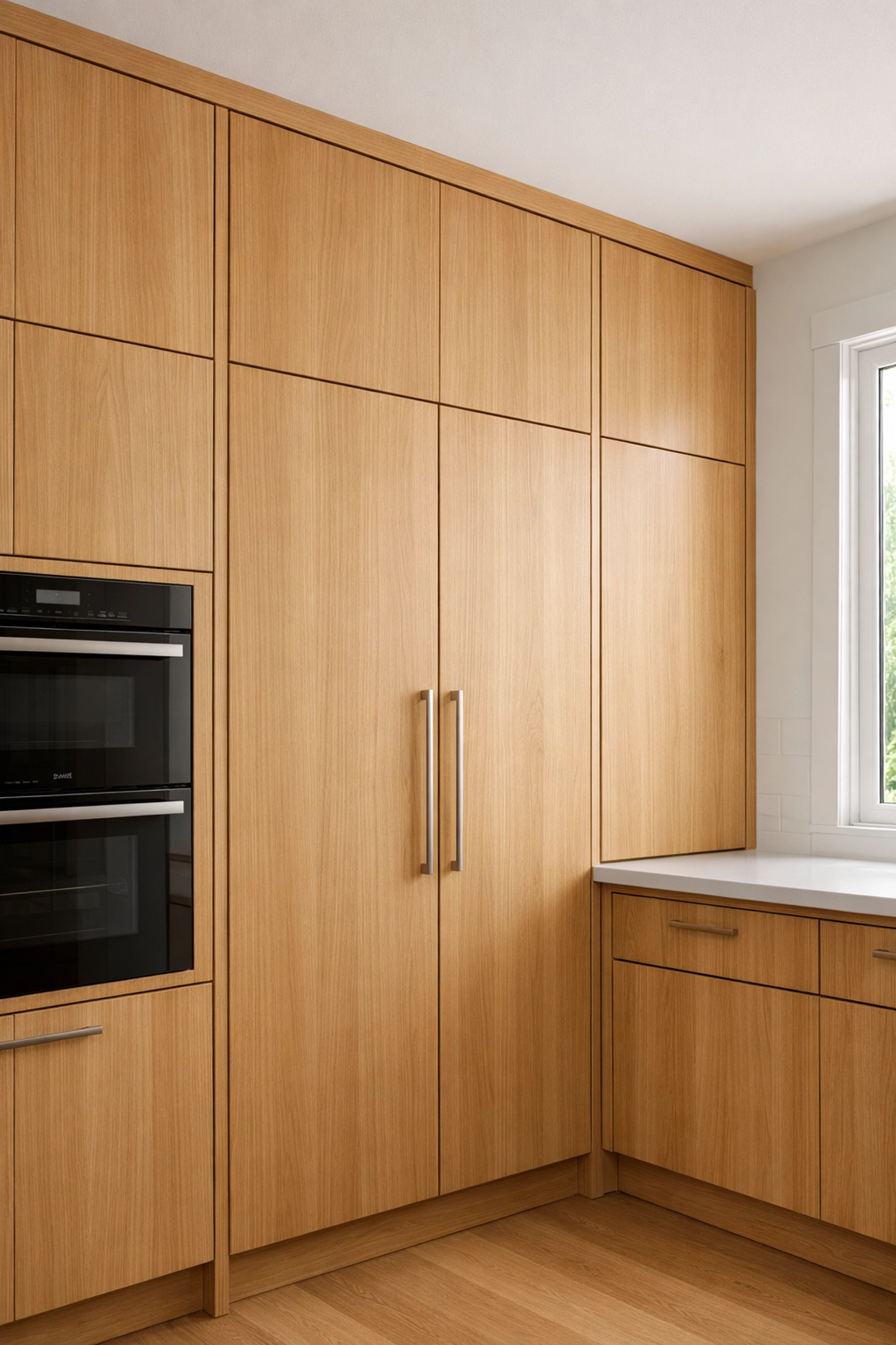 Custom floor-to-ceiling kitchen cabinets with high-end craftsmanship and modern wood finishes.