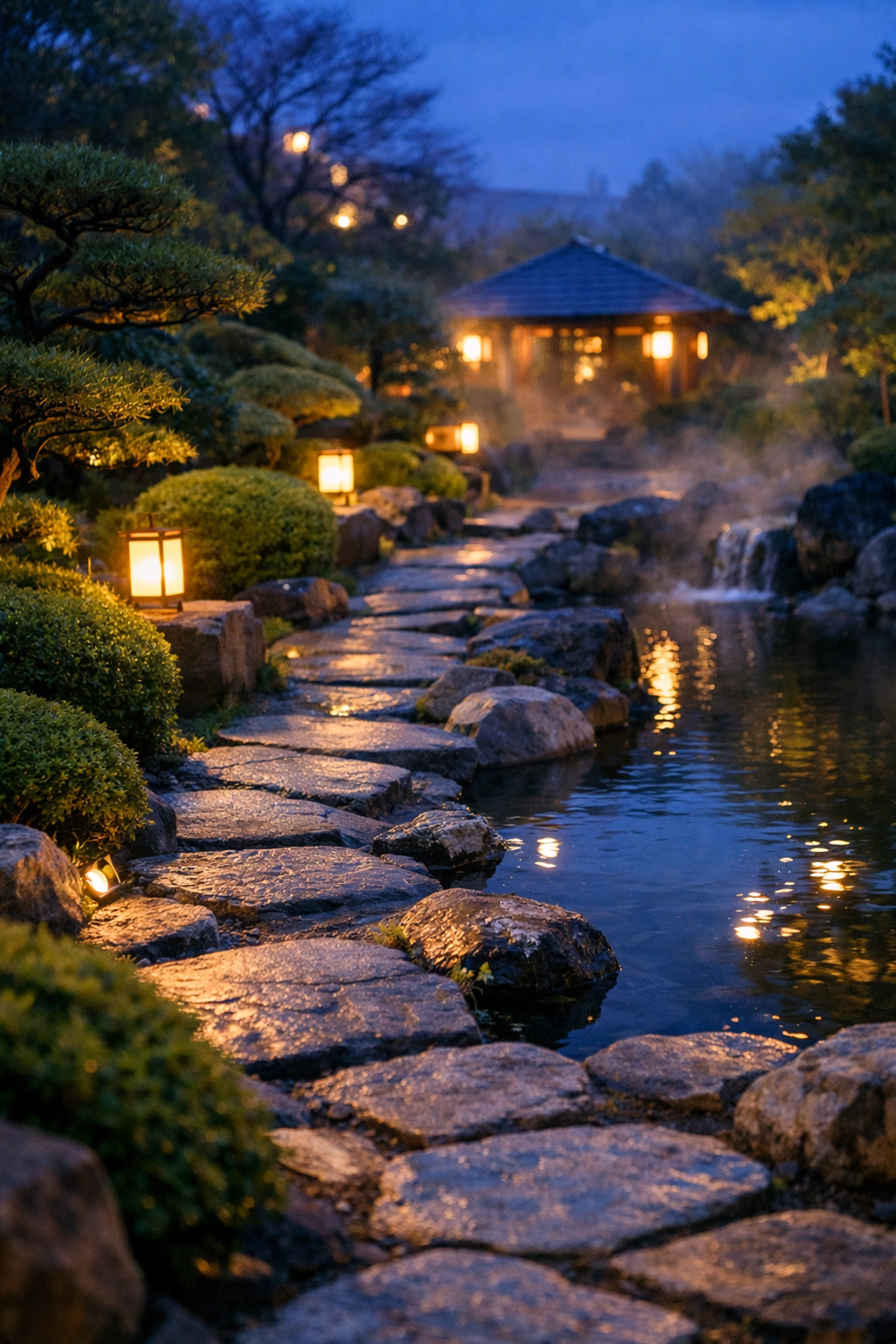 Peaceful garden and lantern lighting at Yuami no Shima, a top lifestyle photography location in 2026.