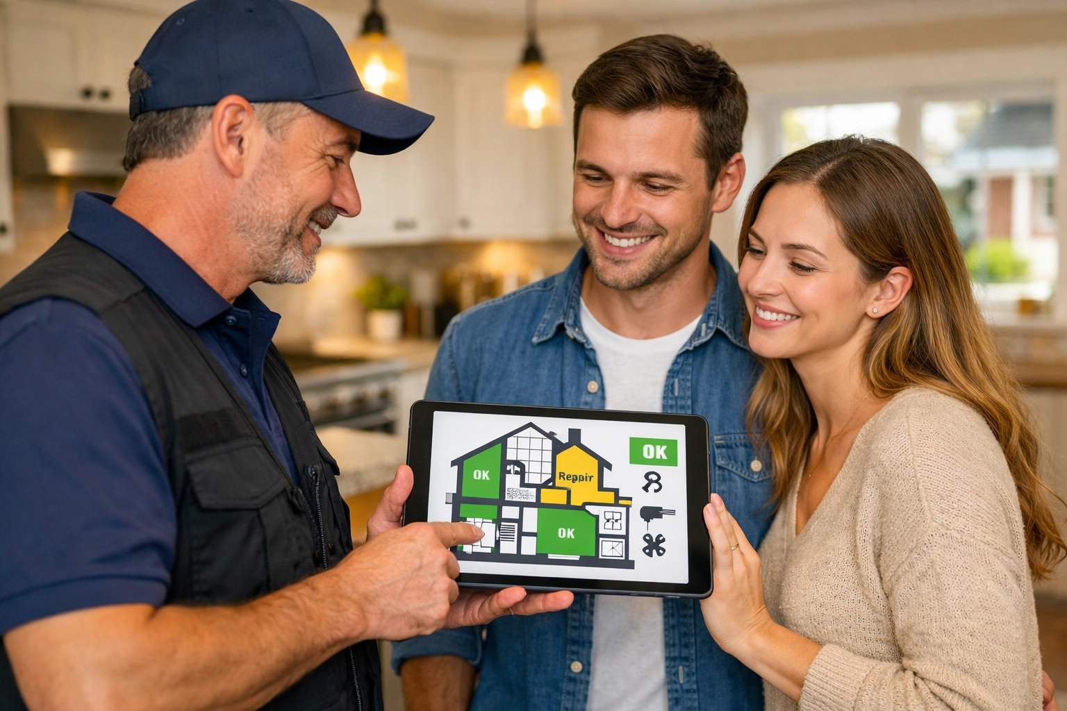 Professional home inspector in Manchester NH reviewing a digital report with a homebuying couple.
