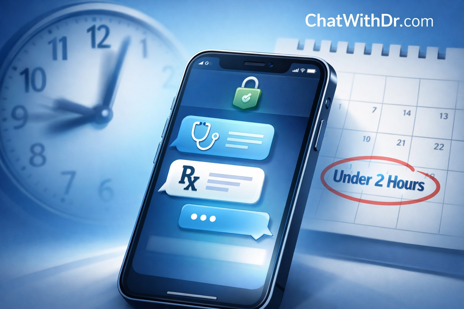 Smartphone displaying online doctor consultation with fast 2-hour response time clock