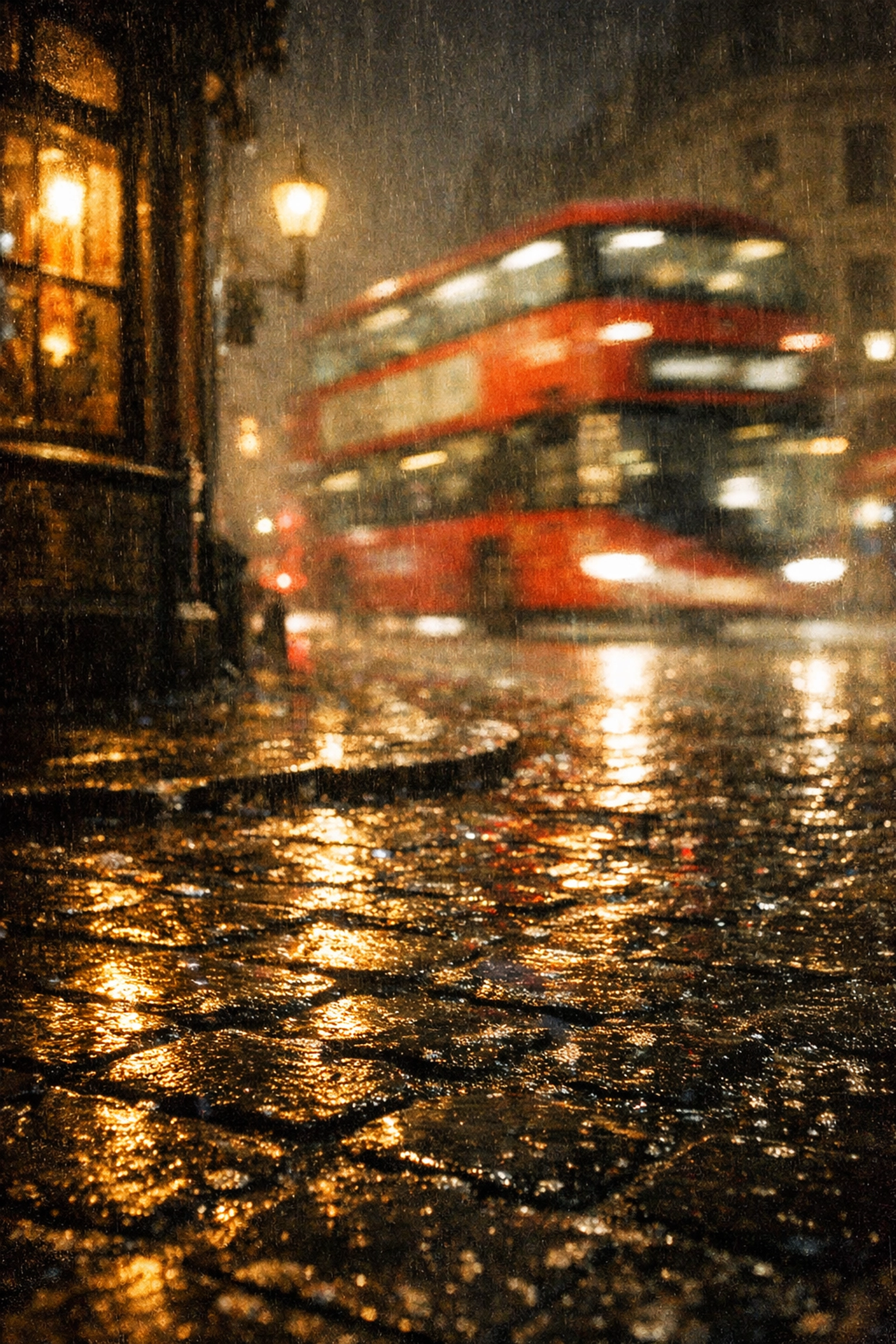 Gritty, film-style street photography of a rain-soaked city street at night with moody reflections.