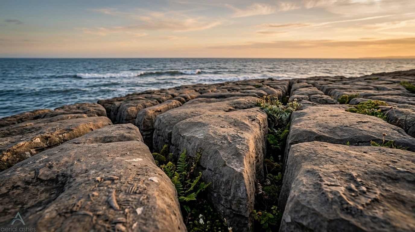 Detailed view of the limestone pavement at Rest Bay with a soft sunset light