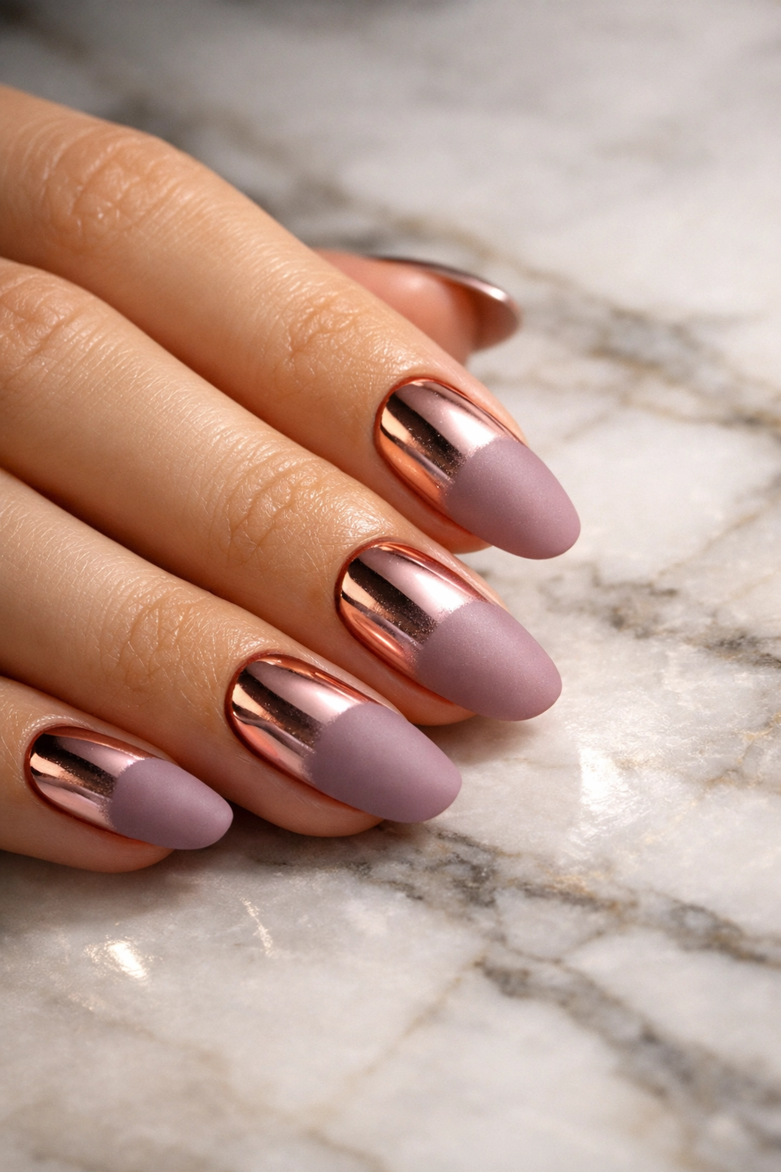 Chrome gradient Japanese gel nails fading from rose gold to matte mauve finish
