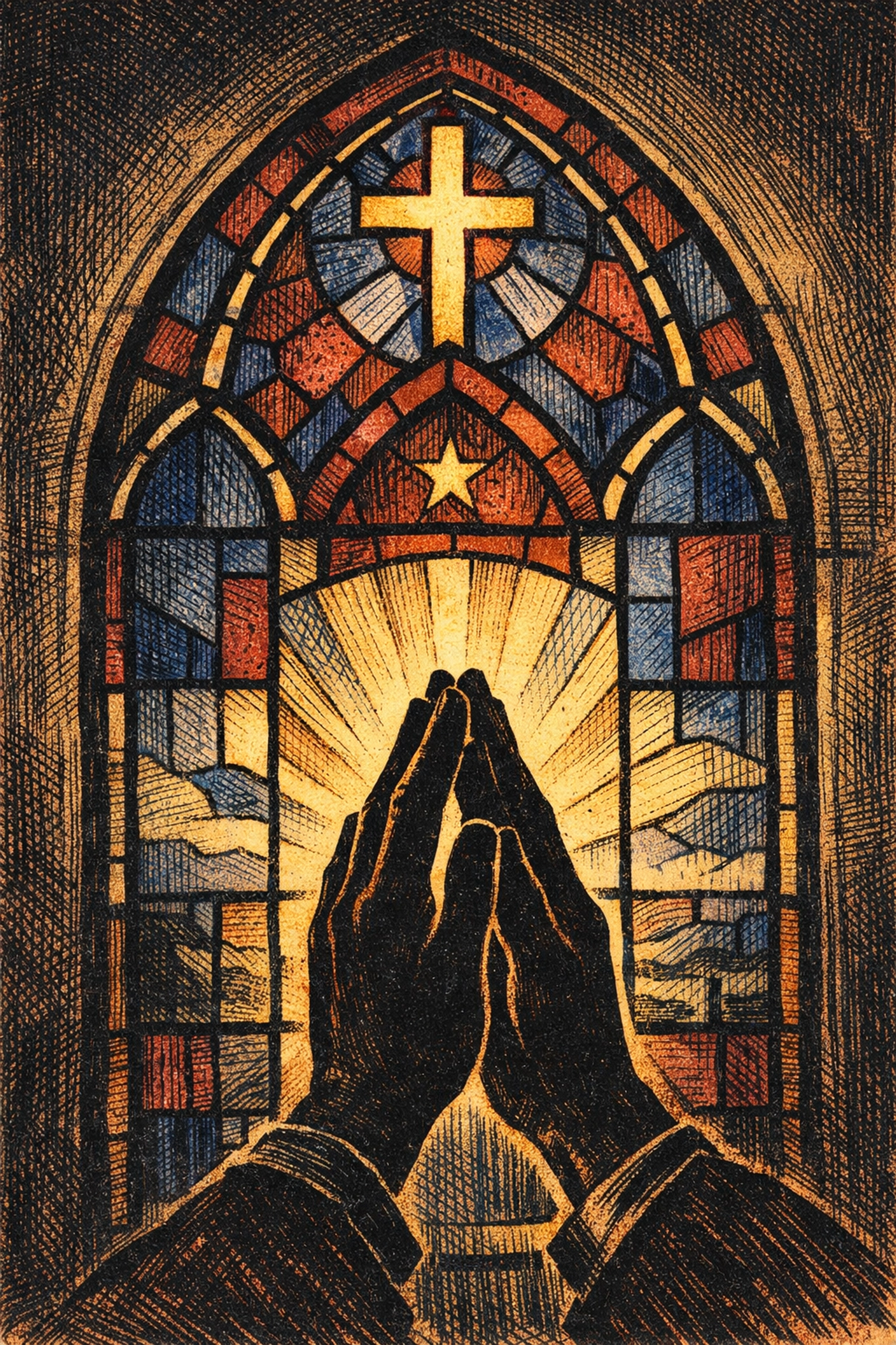 Stained glass church window with hands raised in prayer symbolizing hope and healing