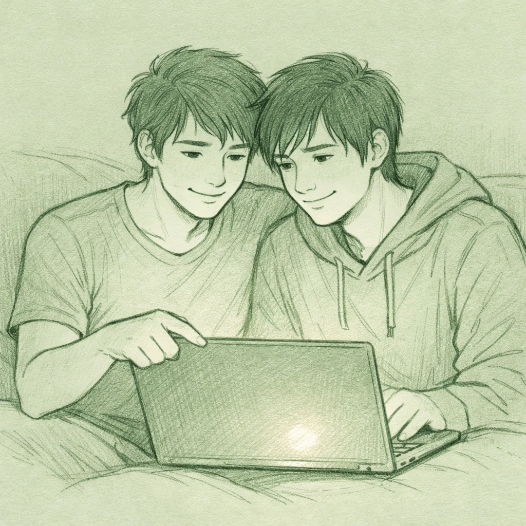 Gay couple collaborating on laptop showing support and technology partnership