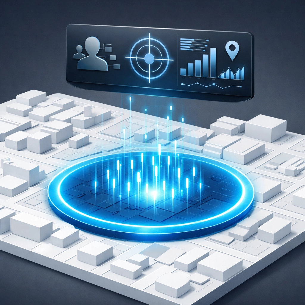 Isometric illustration showing digital geofencing and targeting for law enforcement recruitment strategies.