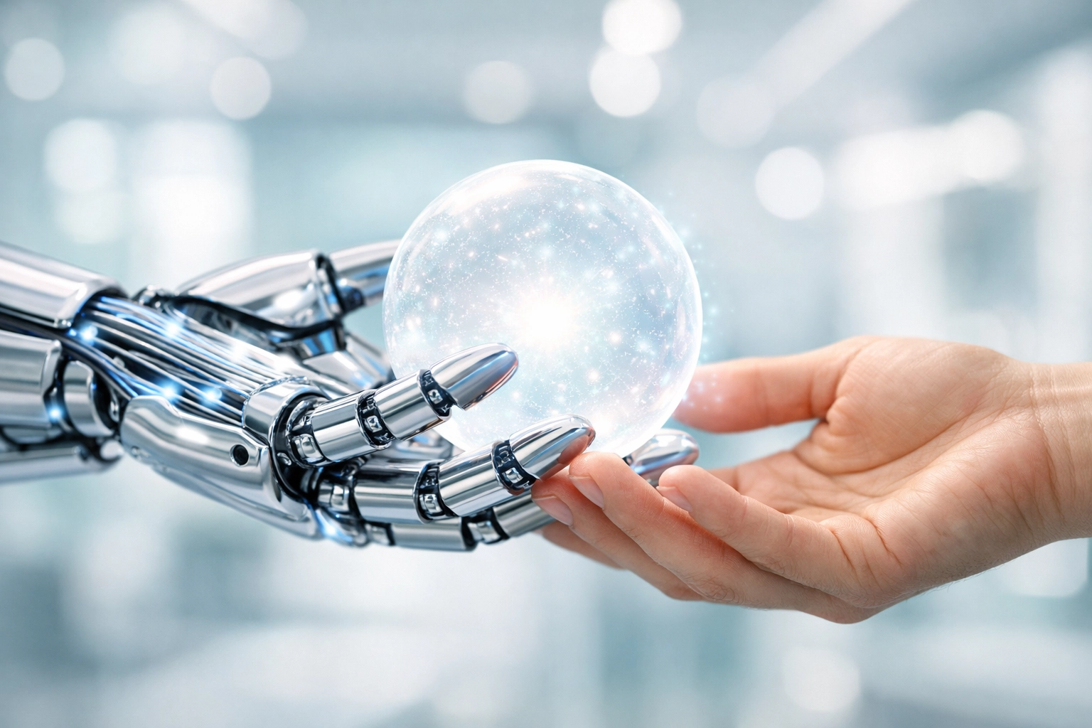 A robot and human hand collaborating on data tasks through AI integration services.