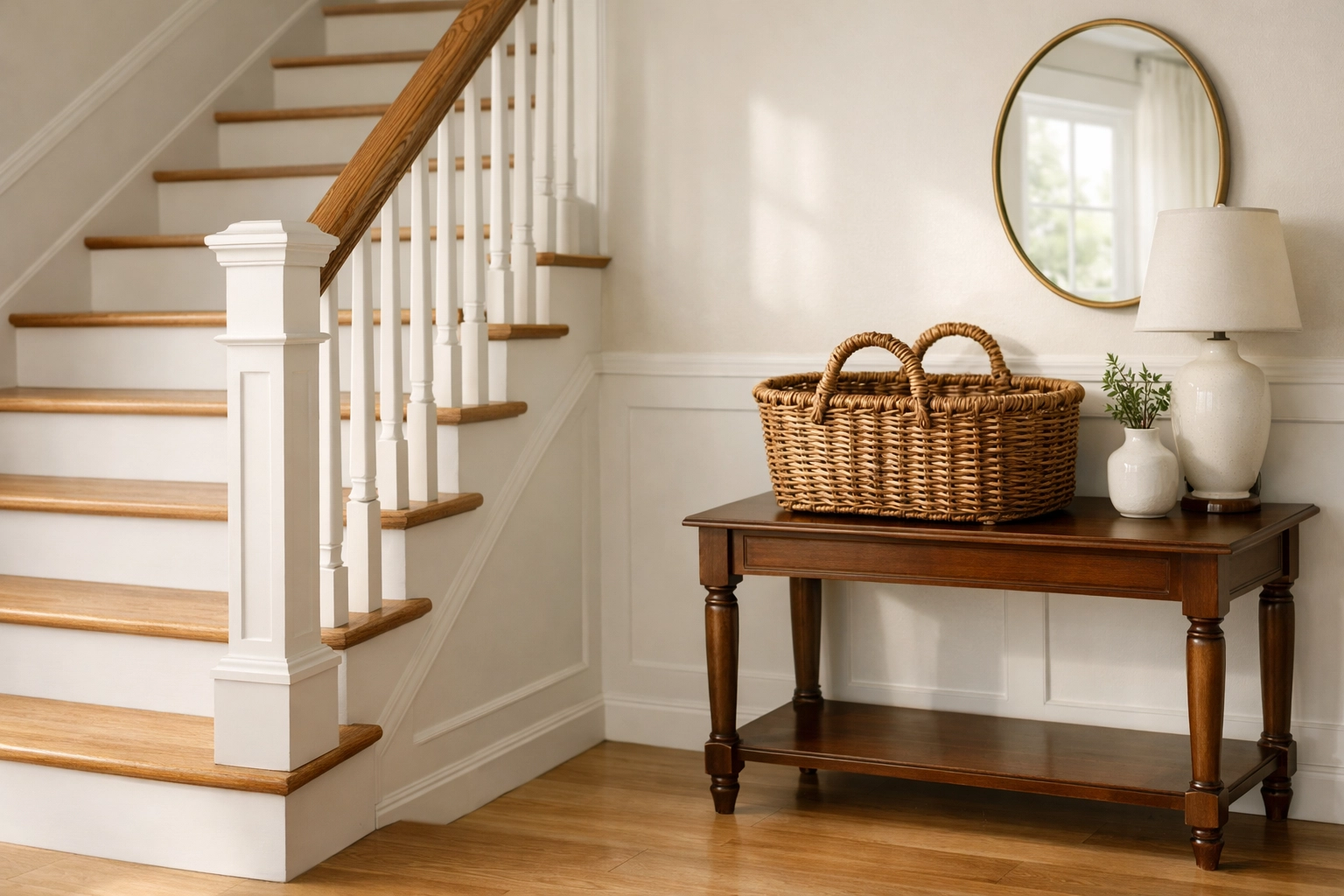 Clean, clutter-free staircase landing with a decorative storage basket nearby