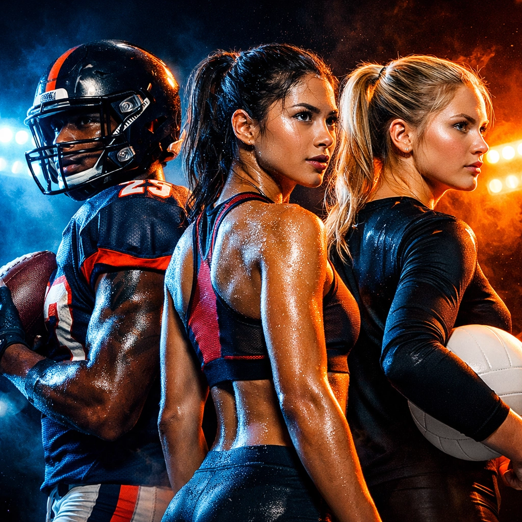 Diverse group of high-performance athletes standing together under stadium lights for the NIL marketplace community.