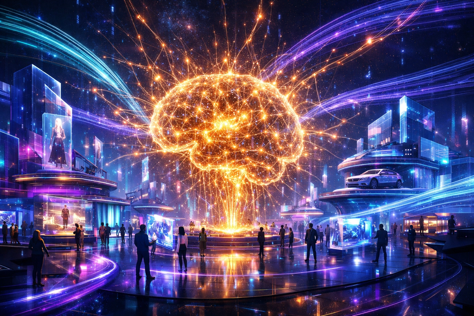 AI-powered B2B2C metaverse shopping hub illustrating decentralized merchant and buyer interactions in Web3.