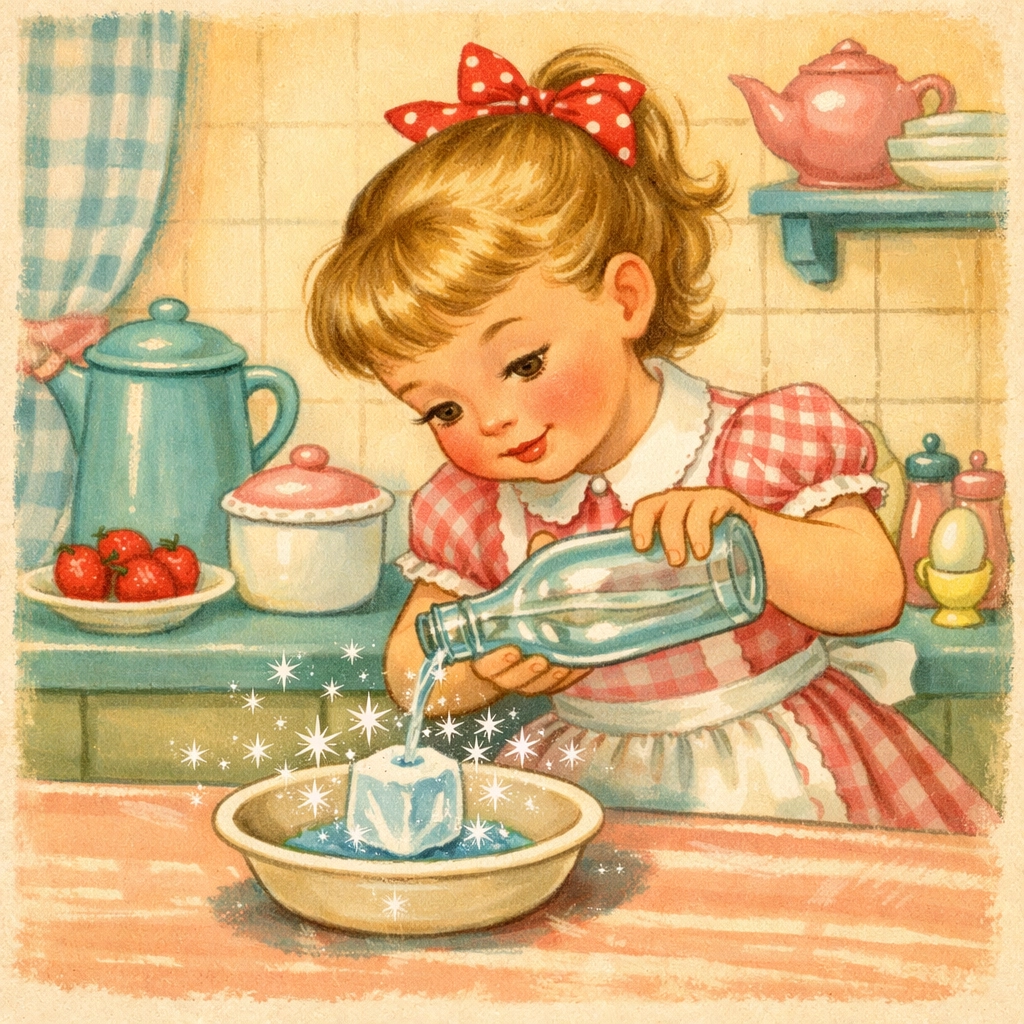 Pouring supercooled water over ice cube creating instant ice nucleation reaction