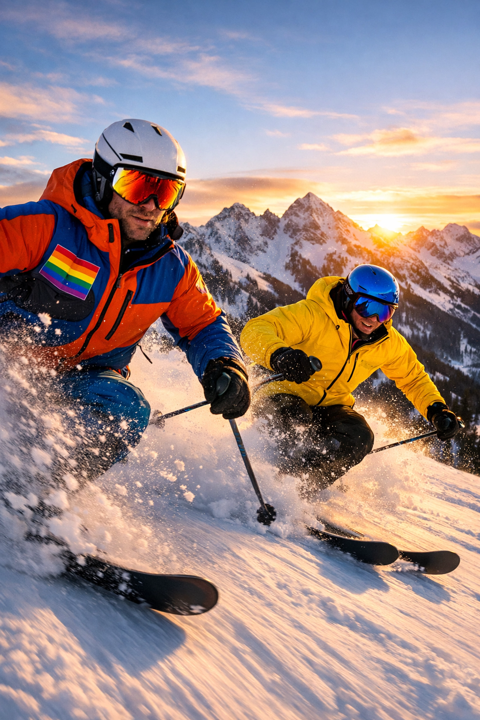 Gay skiers carving powder at Aspen Gay Ski Week with rainbow pride flag and mountain backdrop